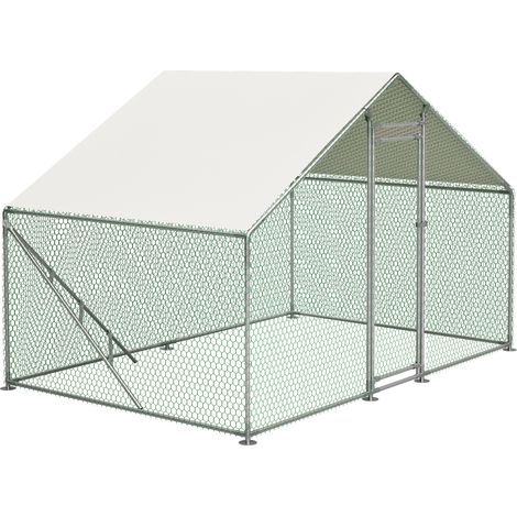 Enclos pour poules 3 x 2 m en métal avec toit PE imperméable, structure renforcée, porte sécurisée et échelle intégrée pour volailles et petits animaux CHICFURN (1/5)