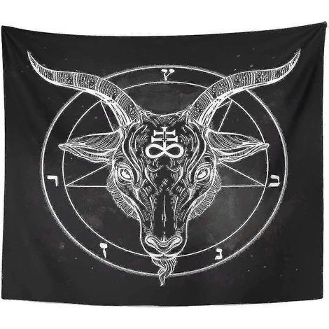 Tapisserie pentacle avec tête de chèvre satanique démoniaque, symbole binaire, tatouage, musique rétro, été, pour motard, décoration murale noire pour salon ou chambre à coucher : (1/2)