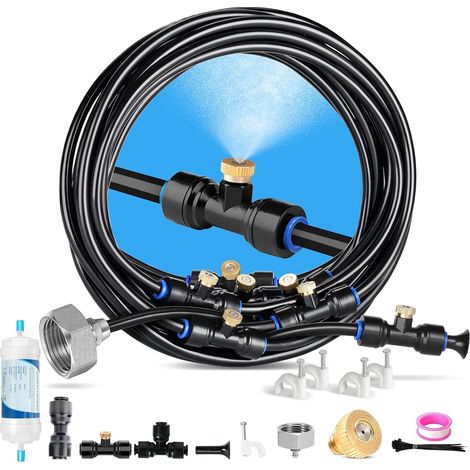 Sistema de nebulización para exteriores, kit de riego, sistema de nebulización para exteriores de 18 m, sistema de refrigeración para exteriores, pulverizador de niebla para jardín, piscina (10 m). (1/5)