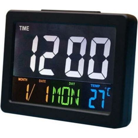 Horloge de jour – Horloge numérique extra large pour malvoyants, alimenté par batterie, réveil numérique LED avec rétroéclairage automatique, jour de la semaine, calendrier et température, horloge num (1/5)