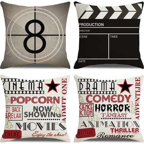 Lntyq Kissenbezug mit Retro-Filmmotiv, Baumwolle und Leinen, bedruckt, quadratisch, für Bett, Auto, Zuhause, Sofa, 45 x 45 cm, 4er-Set (1/5)
