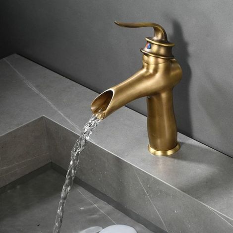 Vintage Waterfall Bathroom Sink Faucet, Antique Brass Bathroom Faucet Single Hole Single Lever Hot and Cold Sink Faucet Vintage (1/4)