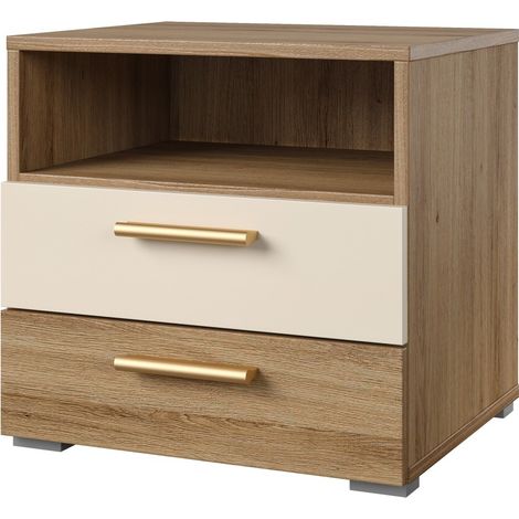 Nachttisch VERTIGO – 2 Schubladen + 1 Fach – Wild Eiche und Beige Sand – Goldene Griffe