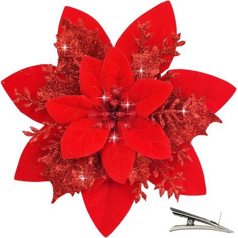 LAOA 20 Stück künstliche Weihnachtsblumen mit Glitzerclips, funkelnde Poinsettien für Girlanden, Kränze und Weihnachtsbaumschmuck (Rot) (1/5)