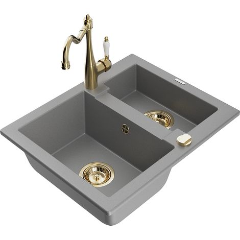 Mexen Carlos fregadero de granito de 1,5 cuencas con grifo de cocina Carla, gris - 6518-71-670700-50 (1/5)