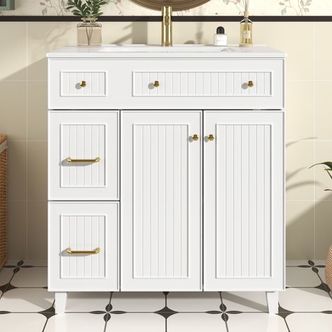 Meuble de salle de bain avec lavabo 81,7 cm - meuble vasque sur pied avec vasque en céramique, finition laquée, espace de rangement multifonction et pieds en bois massif, design moderne de luxe - blan (1/5)