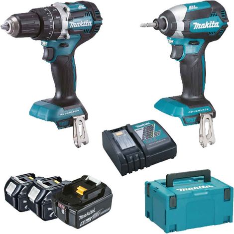 Makita – Pack de 2 outils électroportatifs 18V avec 3 batteries 5.0Ah – Moteur Brushless – Visseuse à chocs DTD153 et perceuse DHP484 – DLX2180TJ1 (1/5)