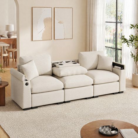 Sofá de 3 plazas de chenilla beige con mesa abatible, USB, portavasos y almacenaje OKWISH (1/5)