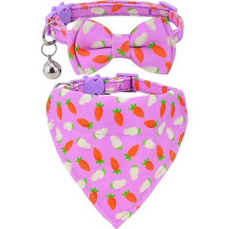 Ensemble 2 colliers pour chatons 18-28cm : motif floral nœud papillon + bandana sécurité anti-fuite 2 pièces coloris carotte (1/4)