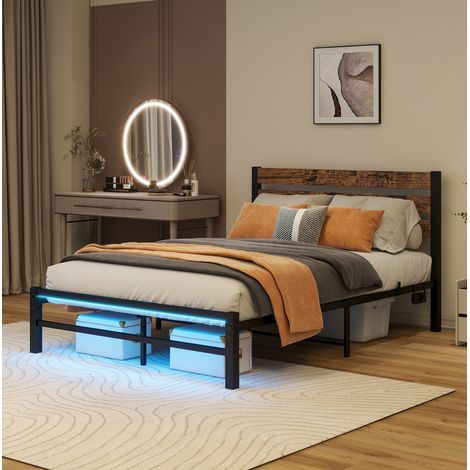 Cama industrial de metal y MDF marrón antiguo 120x200 cm con cabecero efecto madera, LED RGB y USB (1/5)