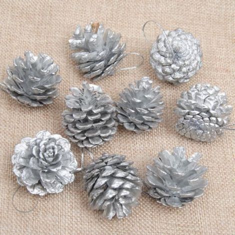 9x Pommes De Pin, Bois, Or Argent, 4CM, Décoration Sapin Noël