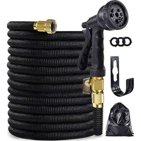 Tuyau d'arrosage extensible et flexible de 15.2 m avec buse de pulvérisation et support, tuyau d'arrosage rétractable, tuyau d'arrosage étanche, raccord en laiton massif de 1.9 cm (noir) (1/5)