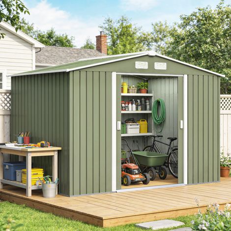 Cabane de jardin avec 2 portes coulissantes et 4 prises d'air en acier, 277x195x192cm, vert clair (1/5)