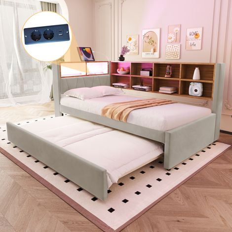 Sofá cama de 90x190/200 cm, cama individual extraíble para niños, USB + Tipo C, somier de láminas acolchado, colchón no incluido, franela, gris claro + natural (1/5)