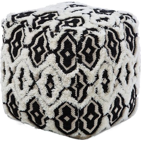 Pouf Repose-pied Cubique en Laine et Coton Noir et Blanc avec Motif Oriental Tendance Accessoire Déco pou Salon ou Chambre Boho Beliani