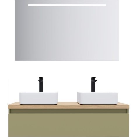 Meuble de salle de bain suspendu 2 vasques à poser 120cm 1 tiroir Vert olive + miroir - Hudson (1/5)