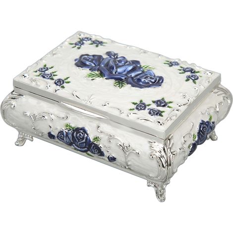 Boîte à bijoux vintage rectangulaire en métal, boîte de rangement décorative pour bijoux, coffret cadeau pour femmes et filles, argentée, blanche, bleue et rose (1/5)