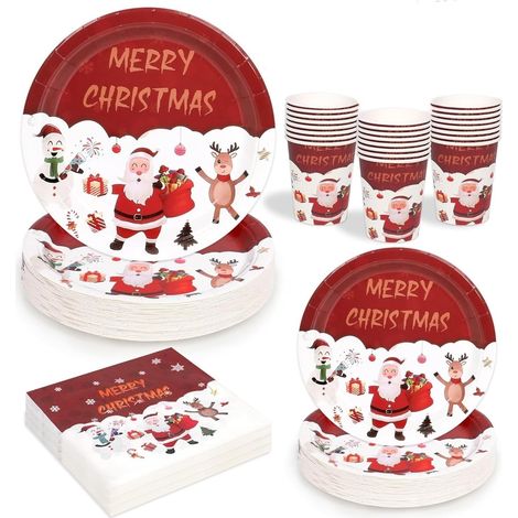 Juego de vajilla de papel de 100 piezas para fiestas navideñas: 25 platos llanos de 23 cm, 25 platos de ensalada de 18 cm, 25 vasos de 270 ml, 25 servilletas de 16 cm - para Navidad, invierno y decora