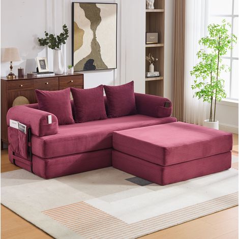 Canapé modulaire en velours côtelé 200x190x67 cm rouge bordeaux avec pouf, 3 coussins et poche latérale (1/5)