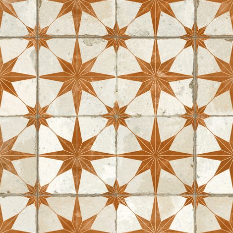 Carrelage Vintage effet Carreau ciment Etoile Orange et Fond Blanc 45x45x0,95 cm Sparta - Sol et mur intérieur (vendu par carton de 1 m²) - RO'MA CARRELAGE