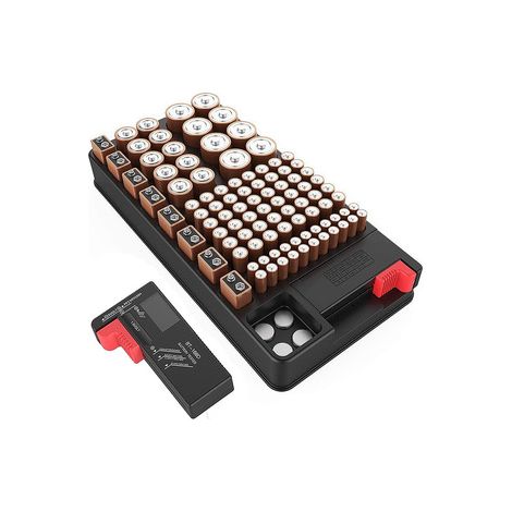 Testeur de pile avec boîtier de rangement – 98 emplacements pour accus – Contrôleur de tension détachable