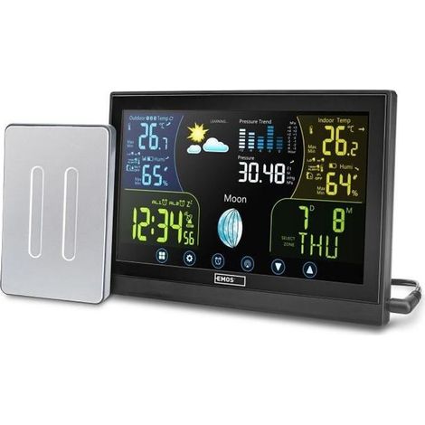 Station météo radio Emos avec écran couleur tactile, comprenant un capteur extérieur, une horloge radio avec signal de réception RF (1/4)