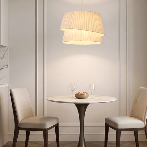 Suspension Élégante Double Abat-Jour, Rosace Dorée, Câble Réglable, E14 40W, Blanc (1/5)