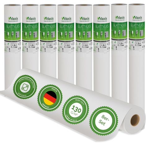 Veluxis® Premium Glattvlies als Untertapete & für Malerarbeiten – überstreichbar, rissüberbrückend, formstabil – Vlies Tapete, Wandvlies in Premium-Qualität (8er-Set Weiß, 10,05 m x 0,53 m - 130g/m²)