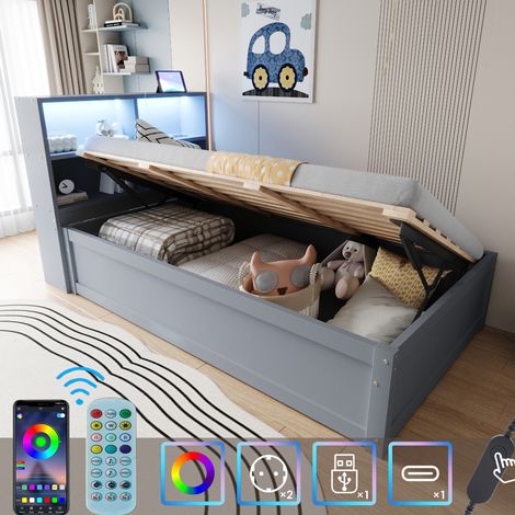 Letto singolo multifunzione moderno 90x200 cm in legno grigio, con testiera LED, presa integrata, vano contenitore idraulico e 4 vani (1/5)