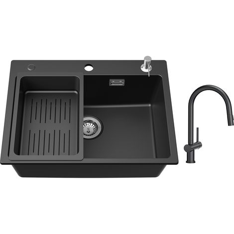 Cecipa Lavello 1 Vasca 60x45 cm con Cestello di Scarico e Dispenser per Sapone + Miscelatore da Cucina con Doccia Estraibile con 2 Tipi di Getti Nero (1/5)