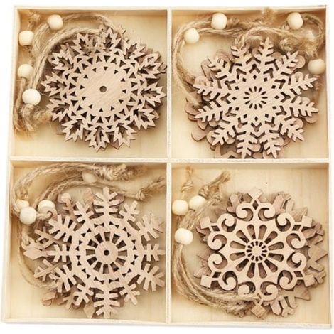 Ornements en Bois - Artisanat - Flocons de Neige - 12pcs - Décoration de Noël - Écologique et Durable (1/3)
