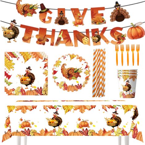1 set accessoire de fête d'automne, vaisselle jetable Thanksgiving, assiettes, gobelets, serviettes, nappe et bannière merci (1/5)