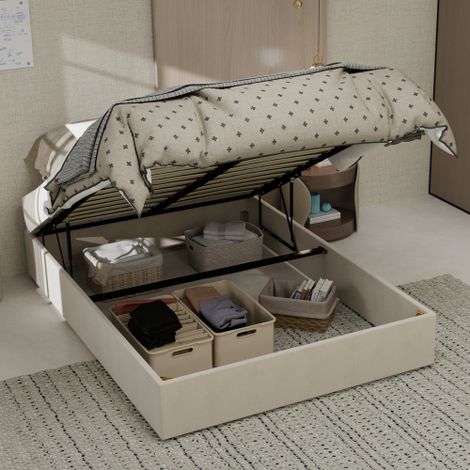 Cama Baúl - Cama 140x200 cm - Equipada con Elevadores de Gas - Tela de Terciopelo Holandés Beige - Sin Cabecero Ni Colchón (1/5)