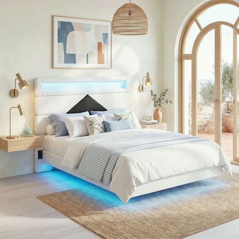 Lit double 140x190cm,matière velours, éclairage LED + recharge USB, design suspendu, tête de lit losange, sommier à lattes,Blanc