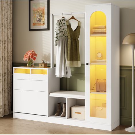 Mueble recibidor 163x35x161 cm de aglomerado blanco con almacenaje y LED para entrada FloraGrace (1/5)