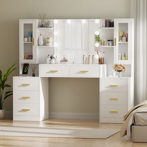 Coiffeuse Grande 150 × 40 × 135 cm, avec Ports USB et Prises, LED Réglable, HD Miroir, 8 Tiroirs de Rangement, Blanc (1/5)