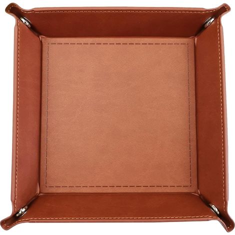 [JAMAIS UTILISÉ]Plateau en PU Cuir, Plateau de Rangement Multifonctionnel pour Clés, Portefeuille, Bijoux et Accessoires, Résistant à l'eau et Anti-Rayures, Design Élégant, Couleur Brun (18x18 cm) (1/5)