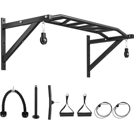Barre de traction murale multifonction avec poulie et câble, support 200 kg, acier renforcé noir 126 cm (1/5)