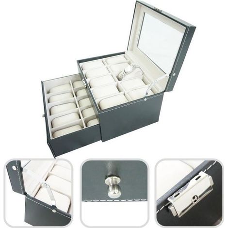 1 coffret à montres, avec vitre et tiroir, 20 emplacements, noir/beige, rangement bijoux et accessoires, pour maison ou voyage
