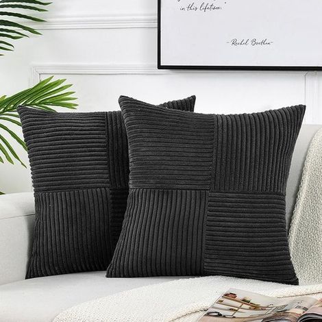 Lot de 2 housses de coussin décoratives pour canapé-lit, style rustique bohème, housse de coussin carrée en velours côtelé doux (45 x 45 cm) - noir (1/5)