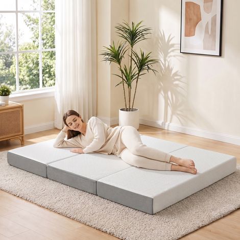Matelas pliant 3 parties 140x190x15 cm, mémoire forme gel, blanc, matelas d'appoint, parfait pour invités et déplacements (1/5)
