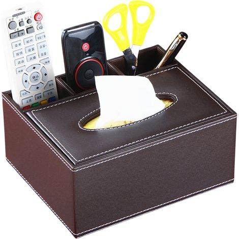 Boîte à mouchoirs multifonction en cuir PU avec porte-stylo et porte-crayons, boîte de rangement pour télécommande, organisateur de bureau. (1/5)