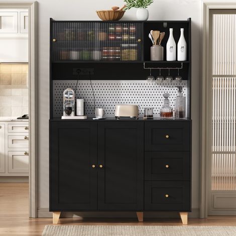 Elément haut de cuisine-Armoire haute noir-prise intégrée-panneau perforé-support verres à vin-tiroirs-120x40x184cm (1/5)