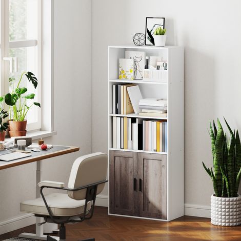 Schmale Bücherwand mit Türen, offenen Regalen und Schrankfach, 60 x 30 x 149,5 cm, Weiß und Braun