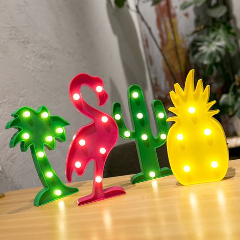 Guirlandes lumineuses hawaïennes - Lot de 4 mini lampes LED en forme de flamant rose, cactus, ananas et palmier - Décorations pour une fête tropicale, veilleuses de bureau, de table ou murales, pour c (1/5)