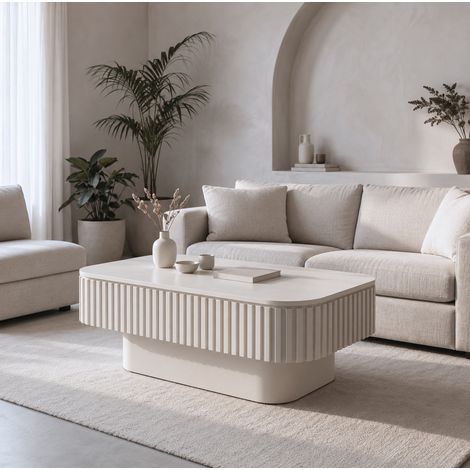 Rechteckiger Couchtisch 98 x 60 x 35 cm mit Stauraum, geriffelte Optik, Creme HAVRYA (1/5)