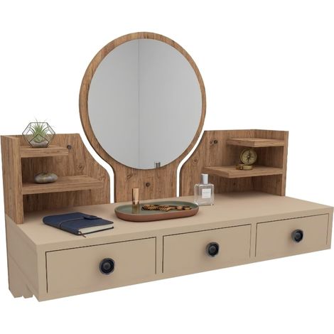 Schminktisch Canistro, inkl. Spiegel, 3 Schubladen, Gestell Beige, 90x37x75h cm Eiche Braun Astig