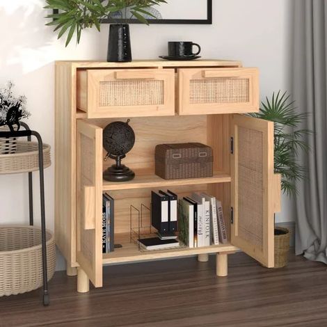 Buffet Bas de Cuisine 60x30x75 cm en Bois Massif Pin et Rotin Naturel, Meuble de Rangement avec Portes Tressées, Style Bohème pour Salon ou Entrée (1/5)