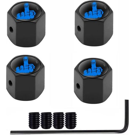 (Doigt-Noir-Bleu) 4 bouchons de valve antivol pour pneus de voitures, camions et motos. Bouchon de valve en forme de doigt central, joint anti-poussière et verrouillage étanche. (1/5)