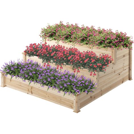 Jardinière surélevée à 3 niveaux, plate-bande, jardinière à herbes aromatiques, échelle à fleurs pour balcon, jardin, bois de sapin naturel, 120 x 120 x 56 cm